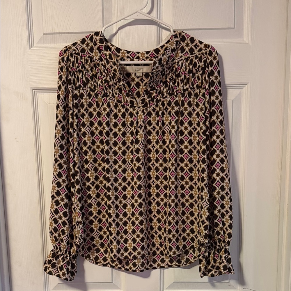 LOFT Geometric Print Blouse in Pink and Brown